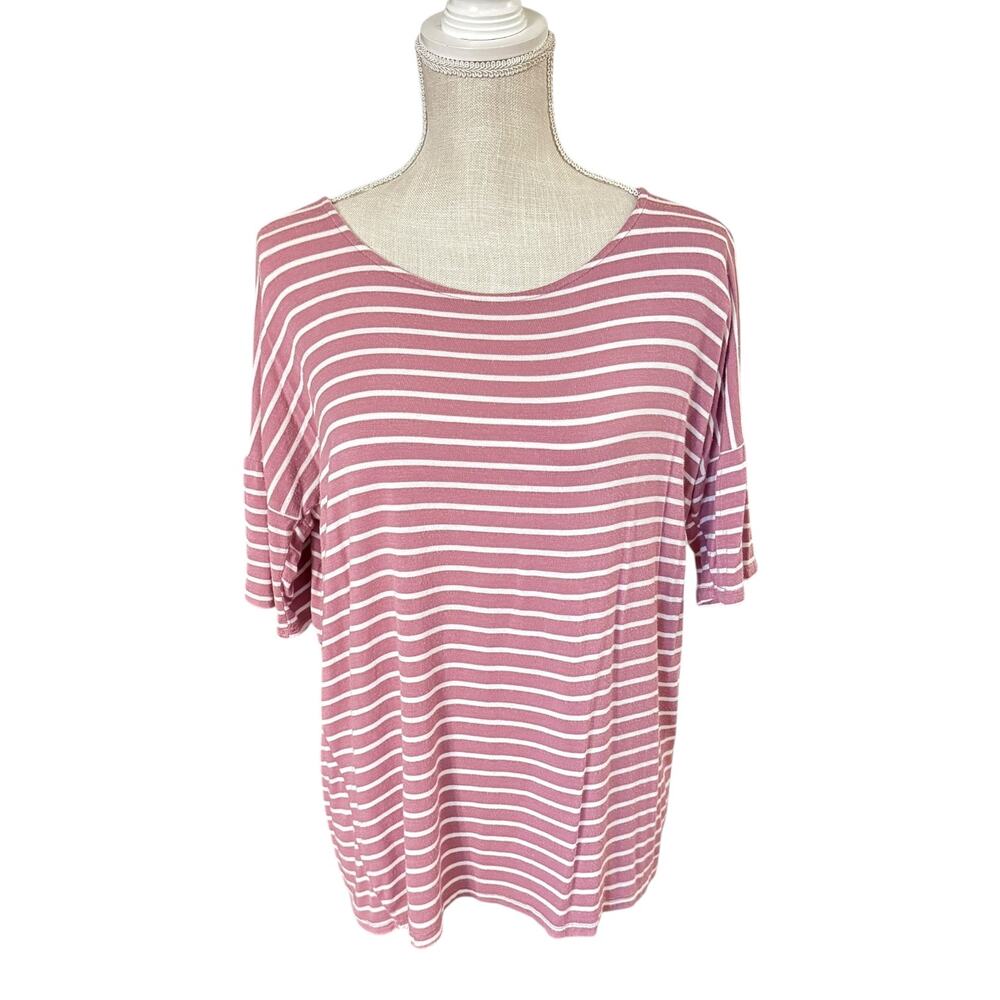 SOFT Elbow Sleeve Tee Scoop Neck Pink White Stripe Sz Small Rayon/Spandex
